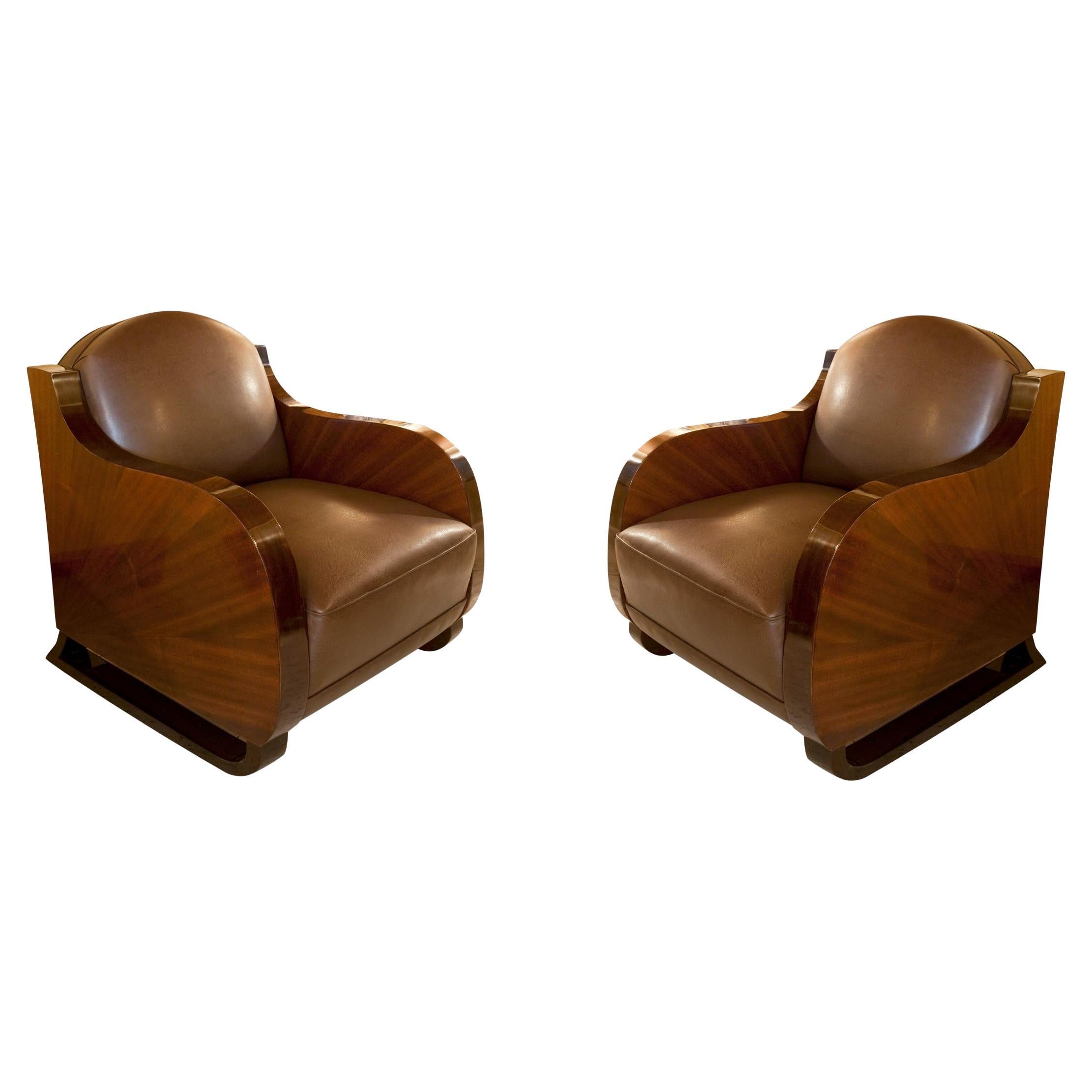 2 Armchairs Art Deco in wood and leather, Made in France, 1930 For Sale