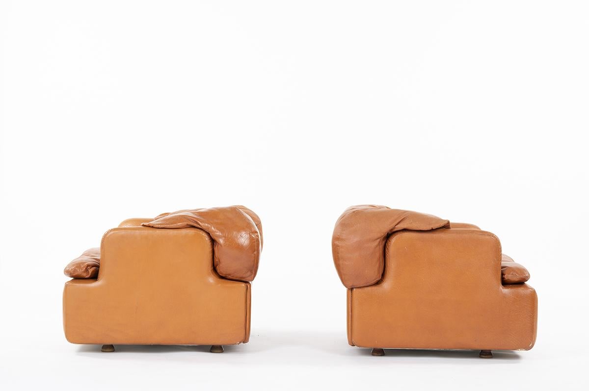 Mid-Century Modern 2 Armchairs Brown Leather by Alberto Rosselli Edited Saporiti, 1970