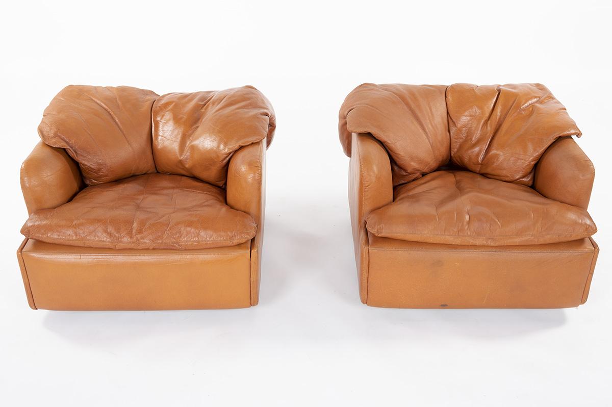 2 Armchairs Brown Leather by Alberto Rosselli Edited Saporiti, 1970 In Fair Condition In JASSANS-RIOTTIER, FR