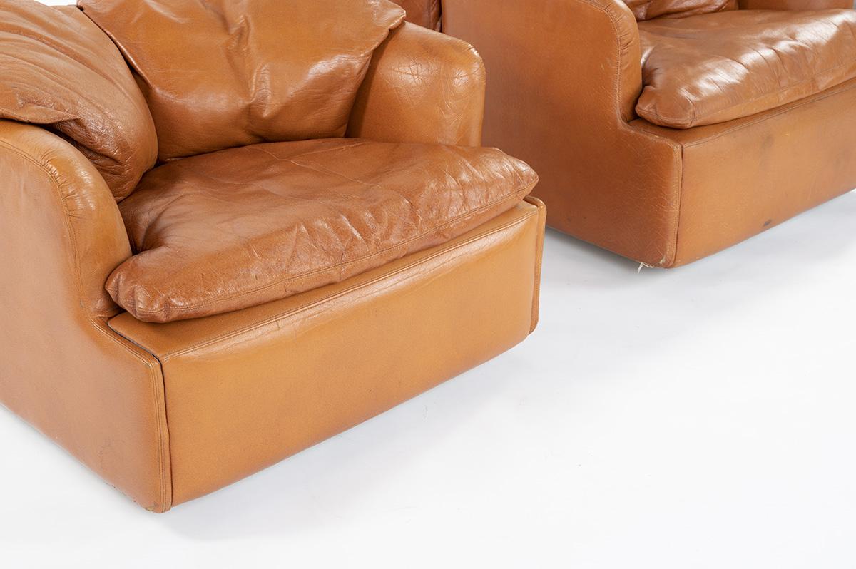 20th Century 2 Armchairs Brown Leather by Alberto Rosselli Edited Saporiti, 1970