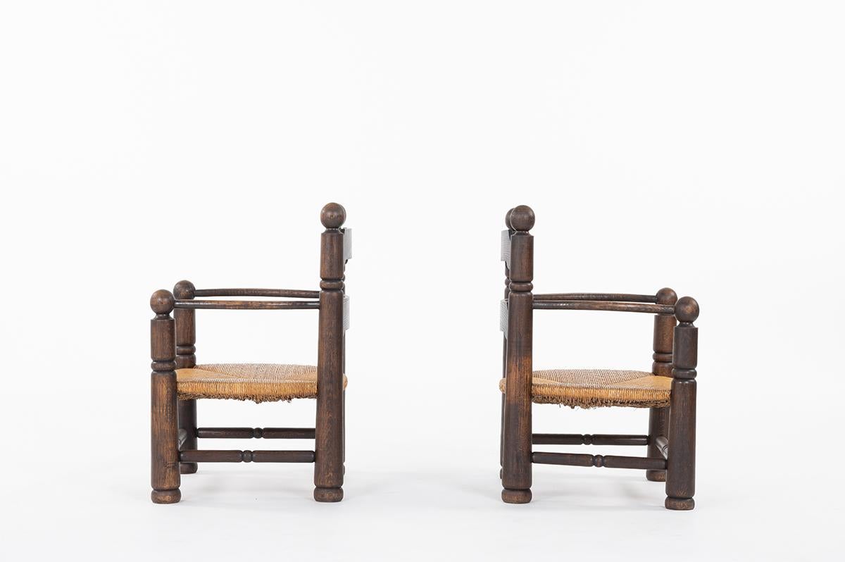 Mid-Century Modern 2 Armchairs in Oak and Straw by Charles Dudouyt, 1930