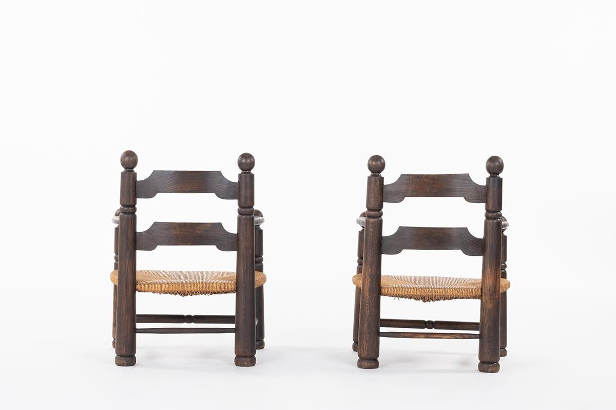 French 2 Armchairs in Oak and Straw by Charles Dudouyt, 1930