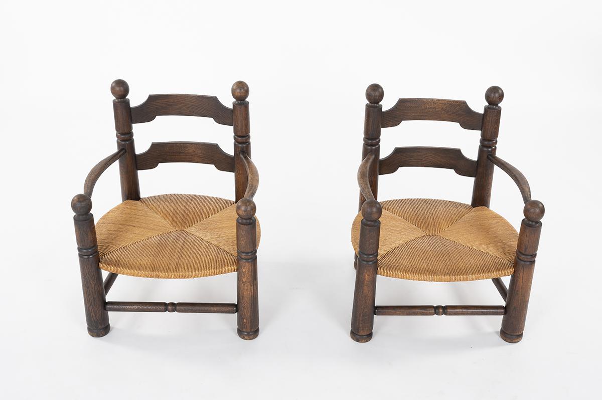 2 Armchairs in Oak and Straw by Charles Dudouyt, 1930 In Good Condition In JASSANS-RIOTTIER, FR