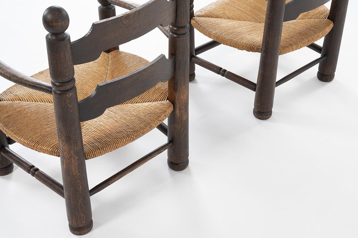 20th Century 2 Armchairs in Oak and Straw by Charles Dudouyt, 1930