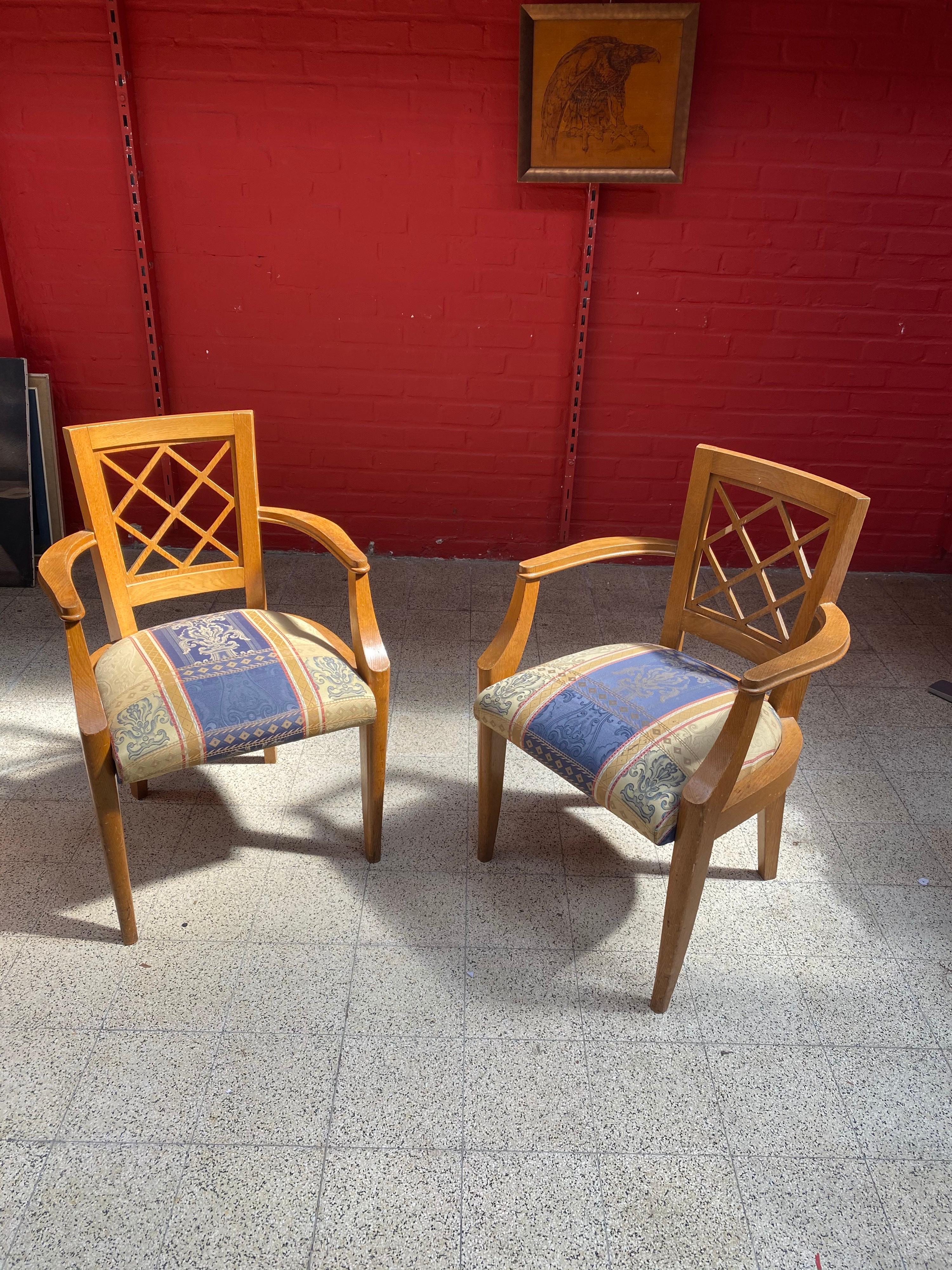 French 2 Art Deco 1940 Oak Armchairs in the Style of Jacques Adnet For Sale