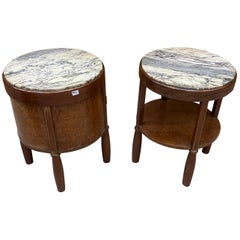 2 Tables de chevet Art Déco en acajou, loupe d'Amboyna et marbre, vers 1930