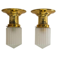 Antique 2 Art deco ceiling lamps with cathedral glasses vienna around 1920s