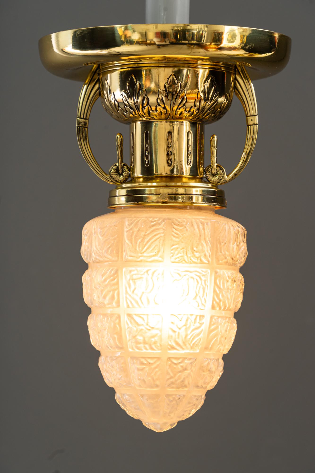 Brass 2 Art Deco ceiling lamps with original glass shades vienna around 1920s  For Sale