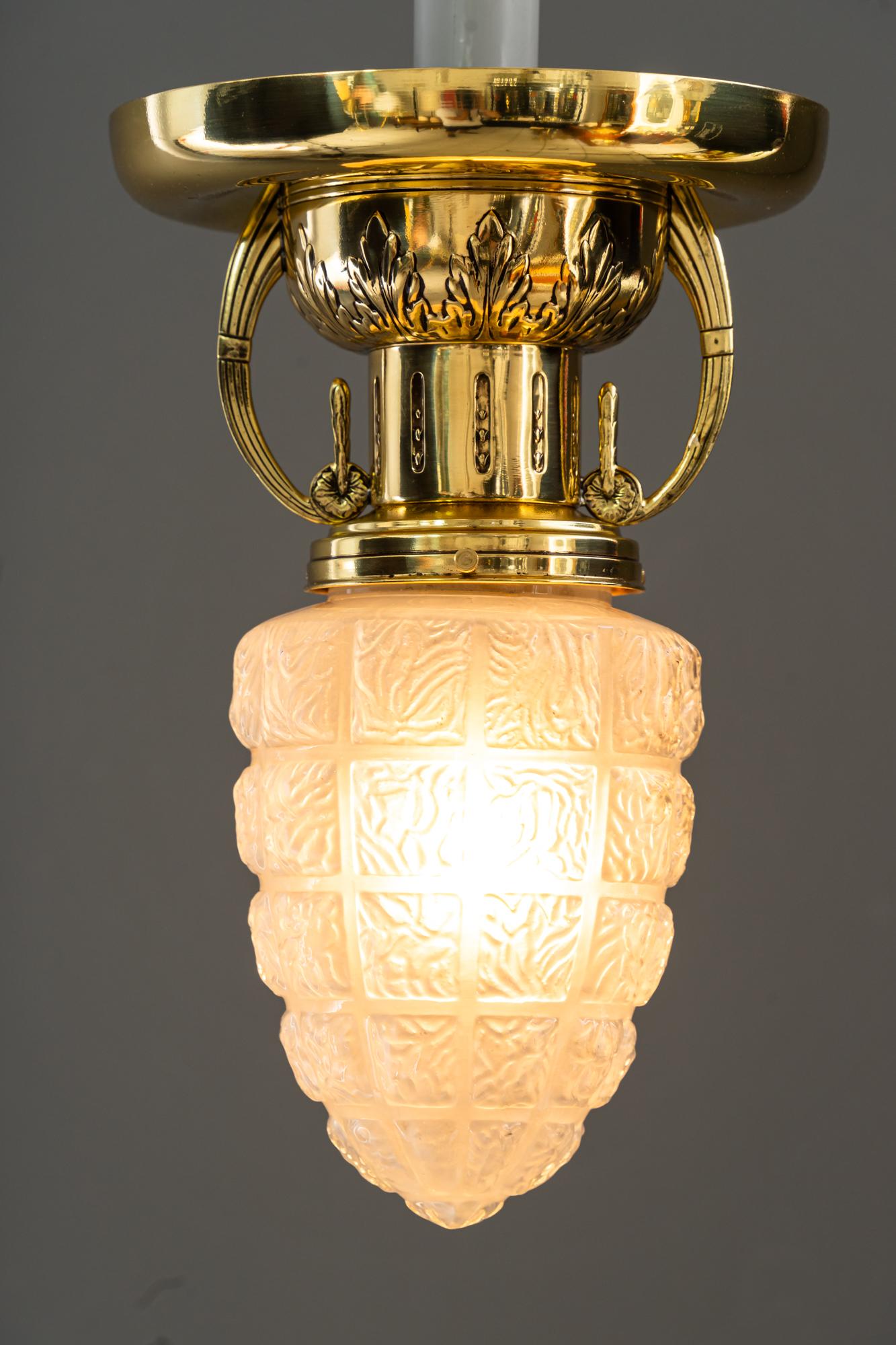 Brass 2 Art Deco ceiling lamps with original glass shades vienna around 1920s For Sale