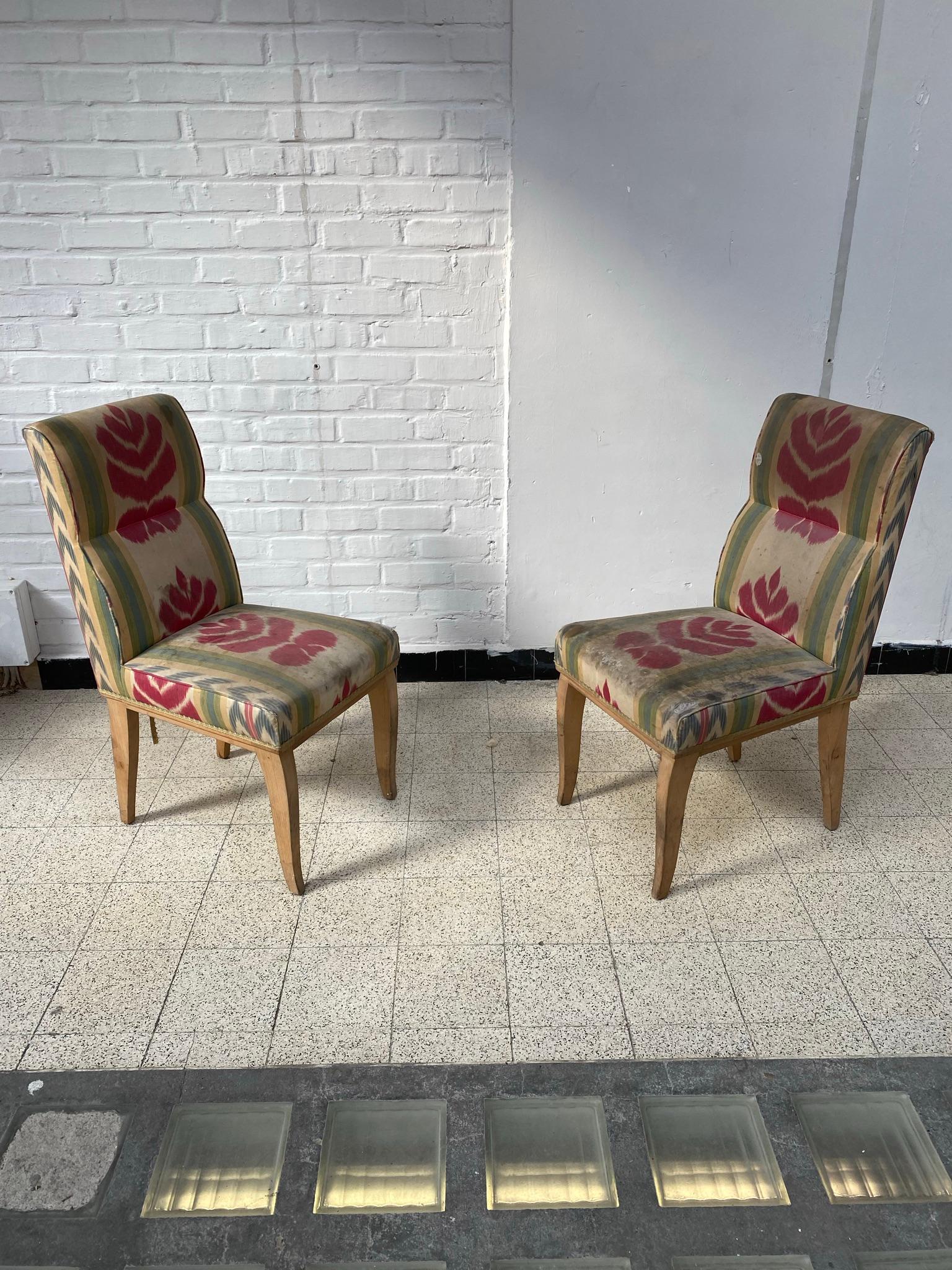 Silk 2 Art Deco Chairs in the Style of René Prou, circa 1930 For Sale