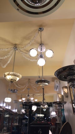 2 Art Deco Chandeliers in Alabaster and Chrome, Style, 1935