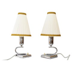 2 verchromte Art-Déco-Tischlampen mit originalen Stoffschirmen Vienna um 1920
