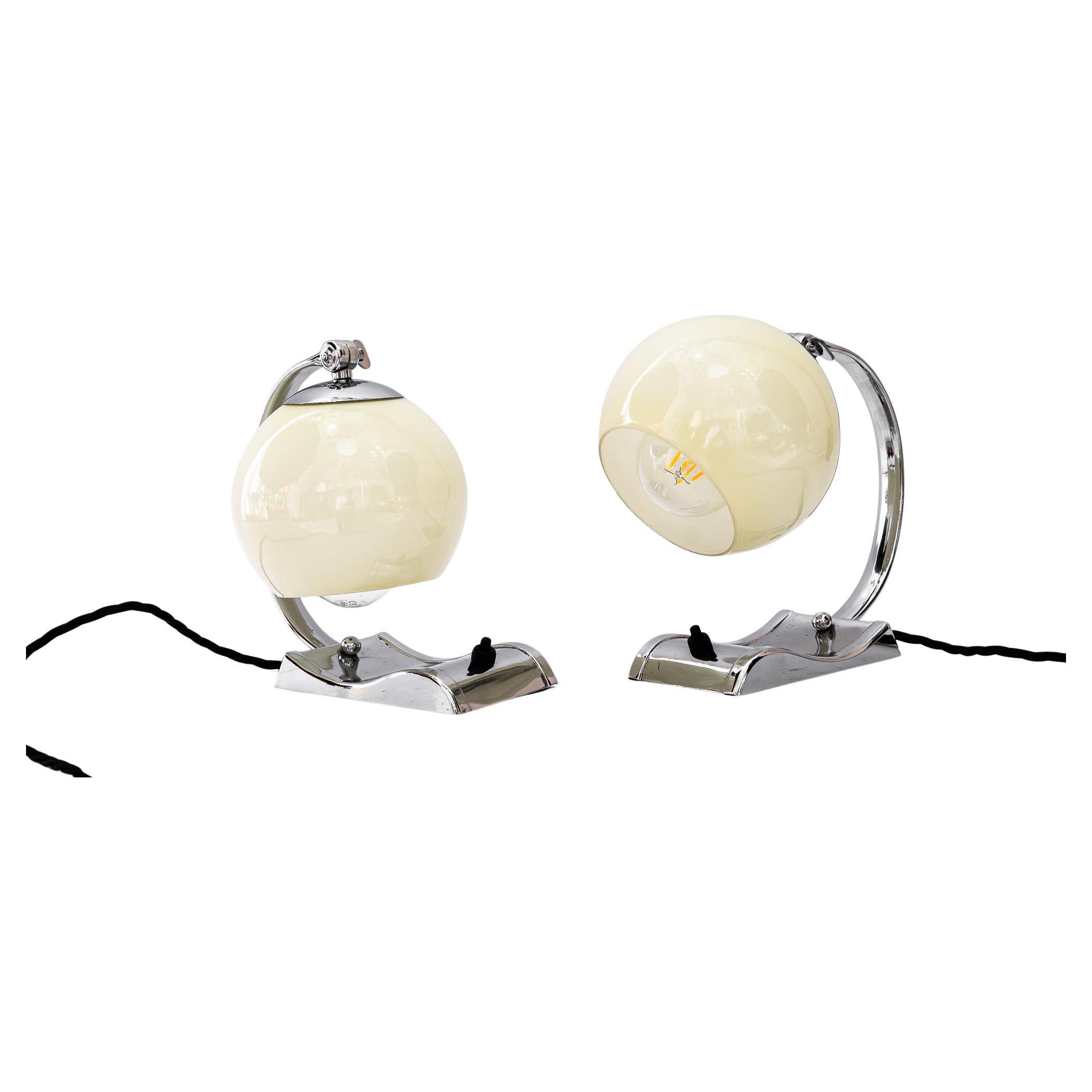 2 Art Deco chromed table lamps with original old glass shades around 1920s