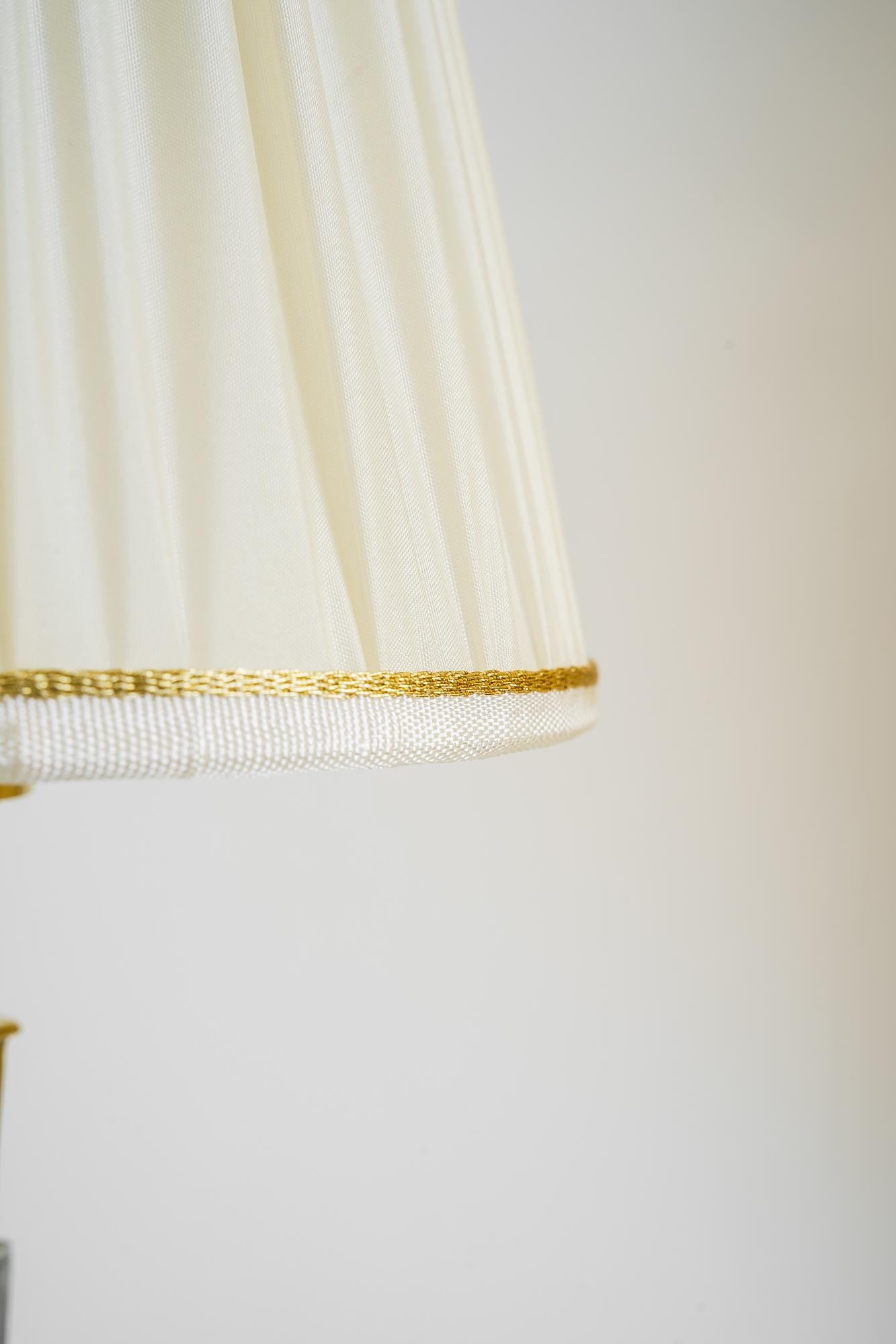 Brass 2 Art Deco Cut Glass Table Lamp with Fabric Shades Around 1920s