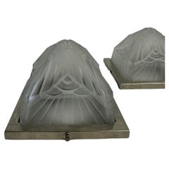 2 montature da incasso a cupola Art Deco, vetro smerigliato e metallo nichelato di Schneider, 1920