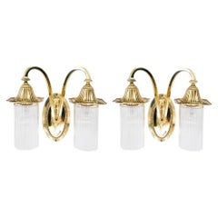 2 Art Deco double light brass wall lamps with glass sticks vienna around 1920s
