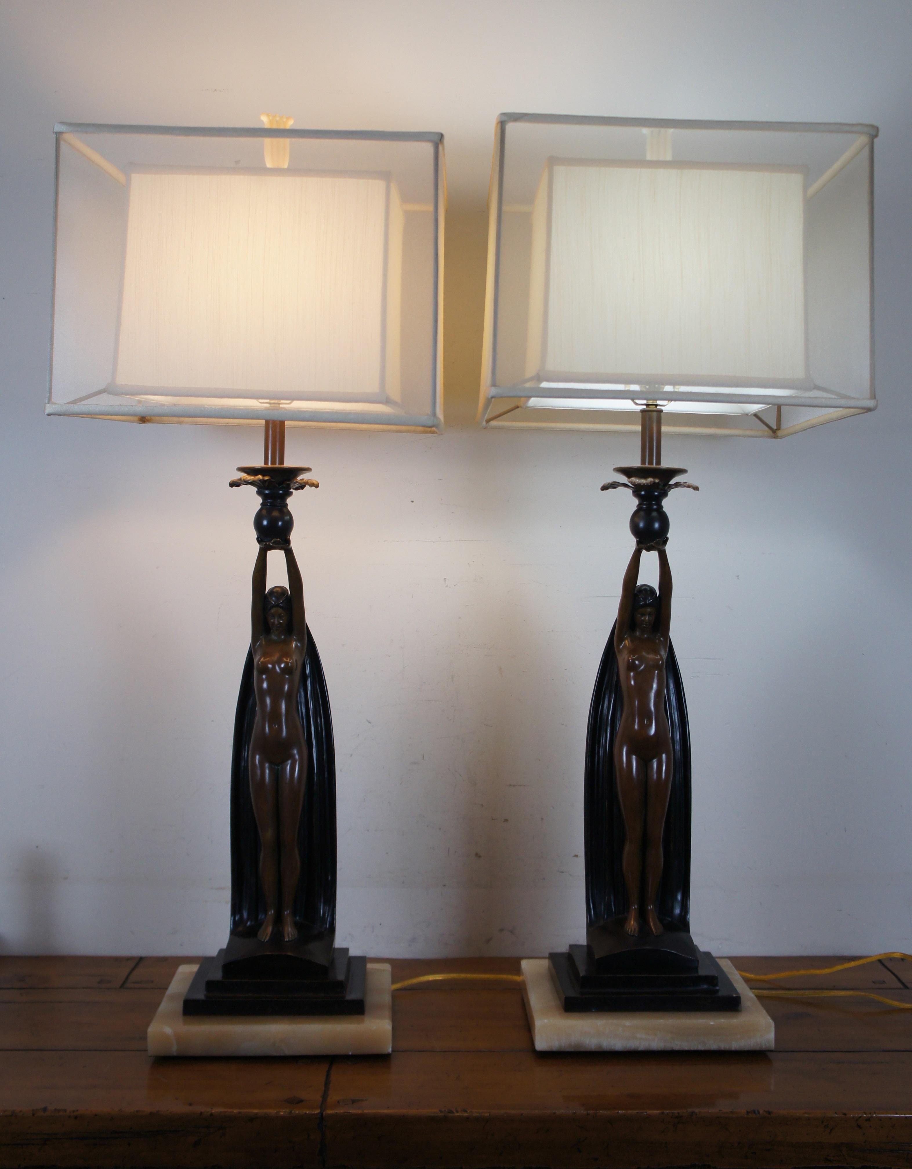 20th Century 2 Art Deco Figural Bronze Nude Sculpture Buffet Table Lamps Marble Base 44