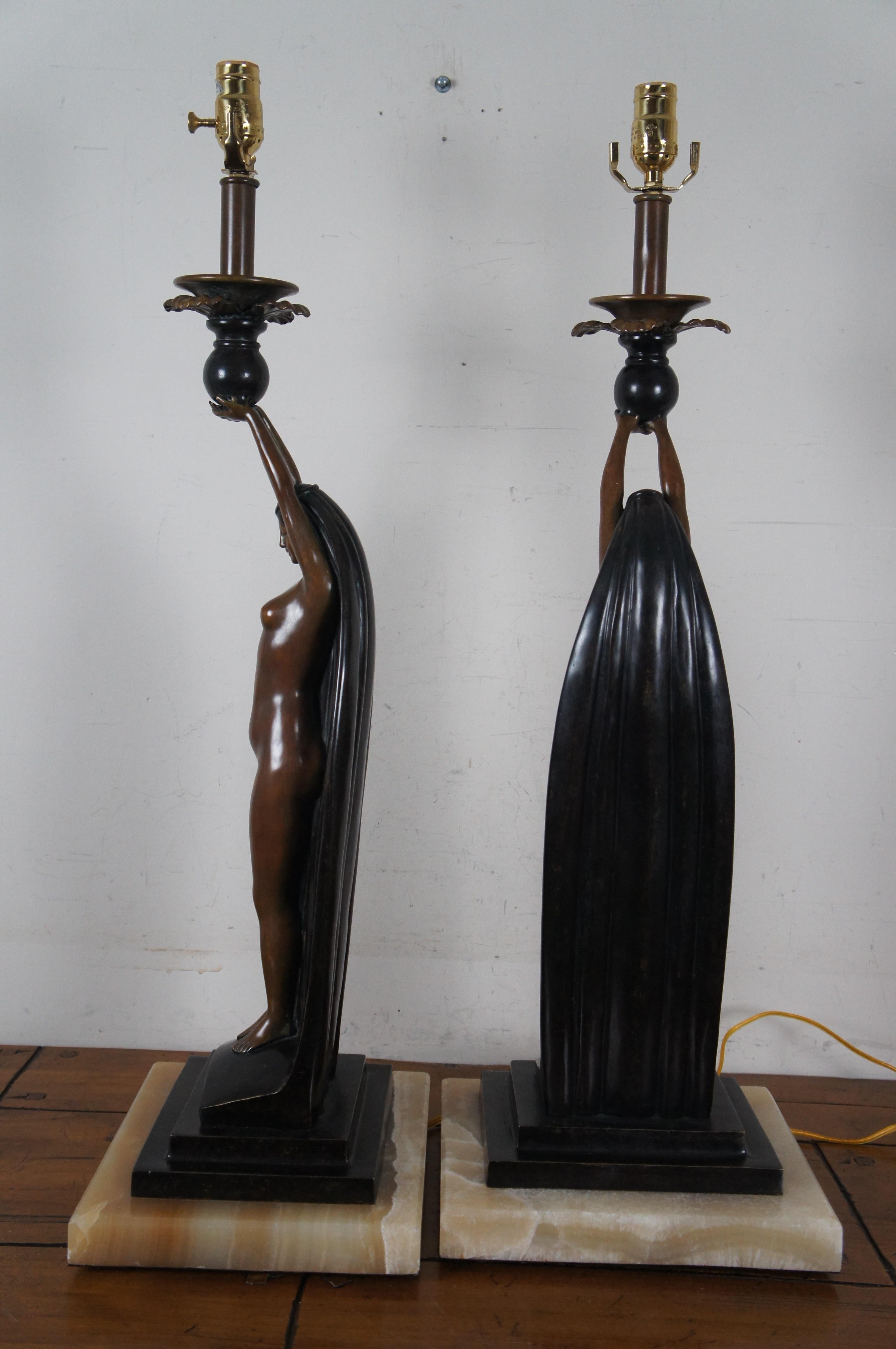 2 Art Deco Figural Bronze Nude Sculpture Buffet Table Lamps Marble Base 44