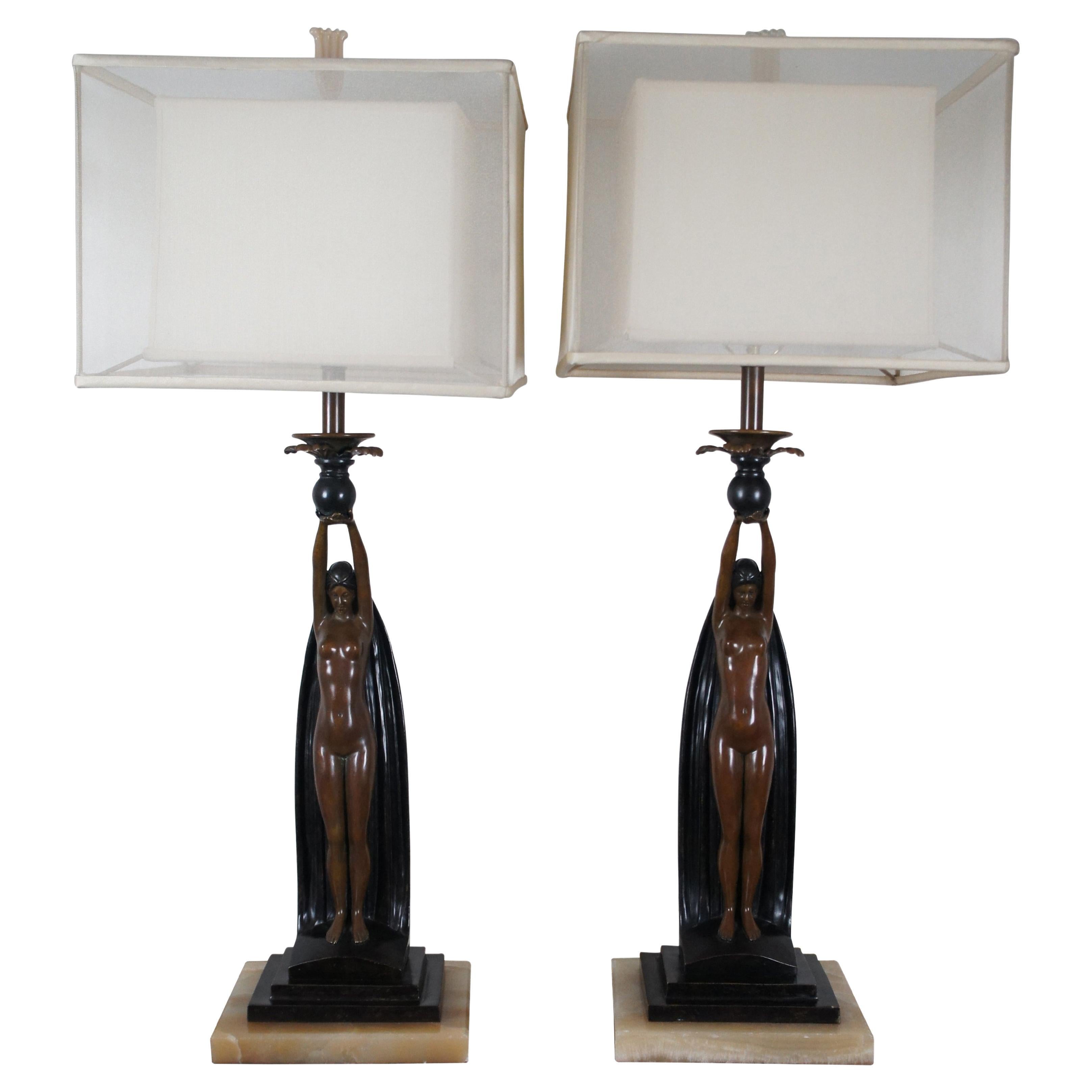 2 Art Deco Figural Bronze Nude Sculpture Buffet Table Lamps Marble Base 44"