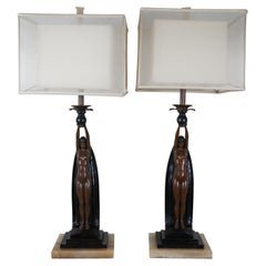 2 Art Deco Figural Bronze Nude Sculpture Buffet Table Lamps Marble Base 44"