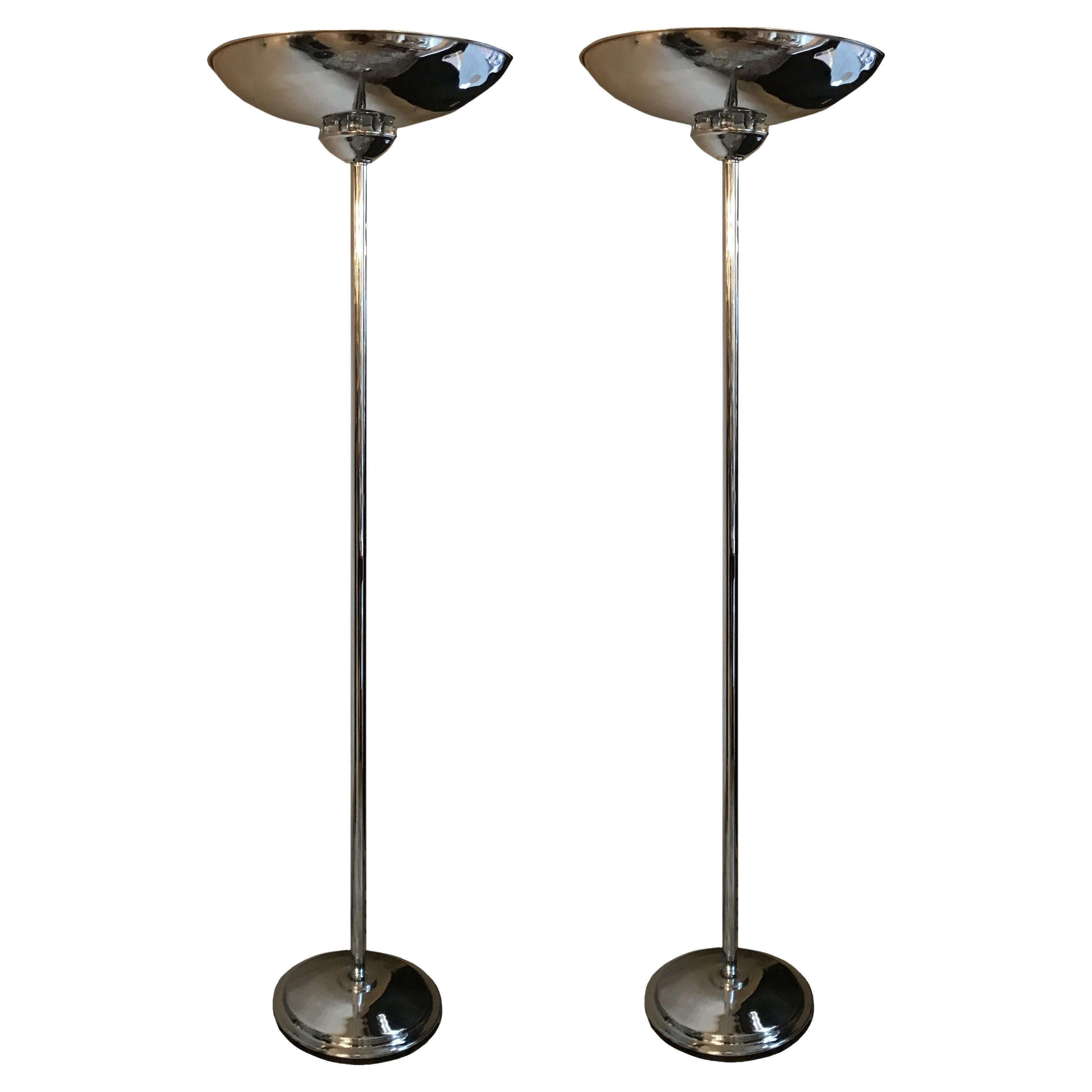 2 Art Deco Floor Lamps, France, Materials: Glass and Chrome, 1930 For Sale
