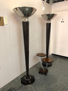 2 Art Deco Floor Lamps, France, Materials: glass, wood Walnut and Chrome, 1920