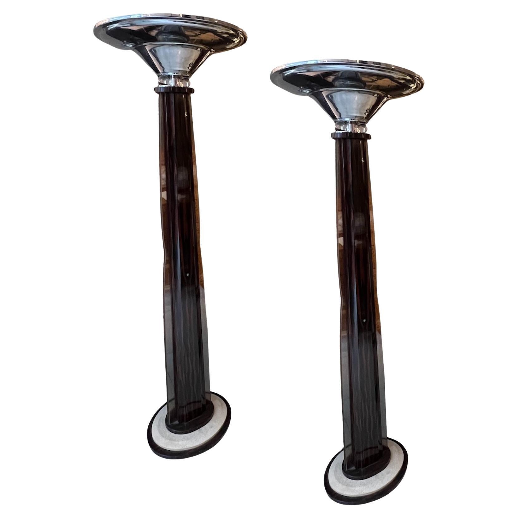 2 Art Deco Floor Lamps, France, Materials: glass, wood and Chrome, 1920 For Sale