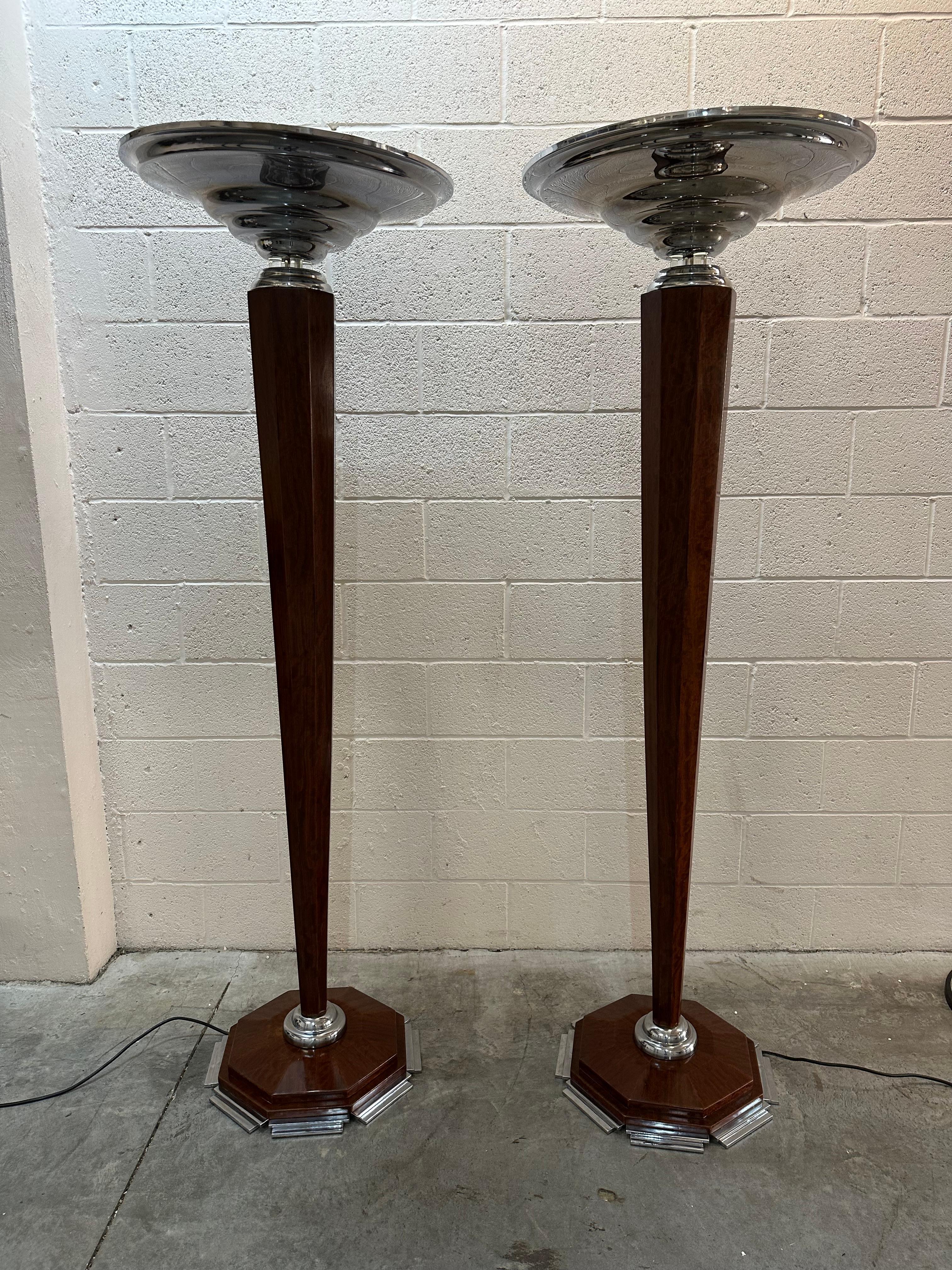 2 Art Deco Floor Lamps, France, Materials: Wood, glass and Chrome, 1920 For Sale 16