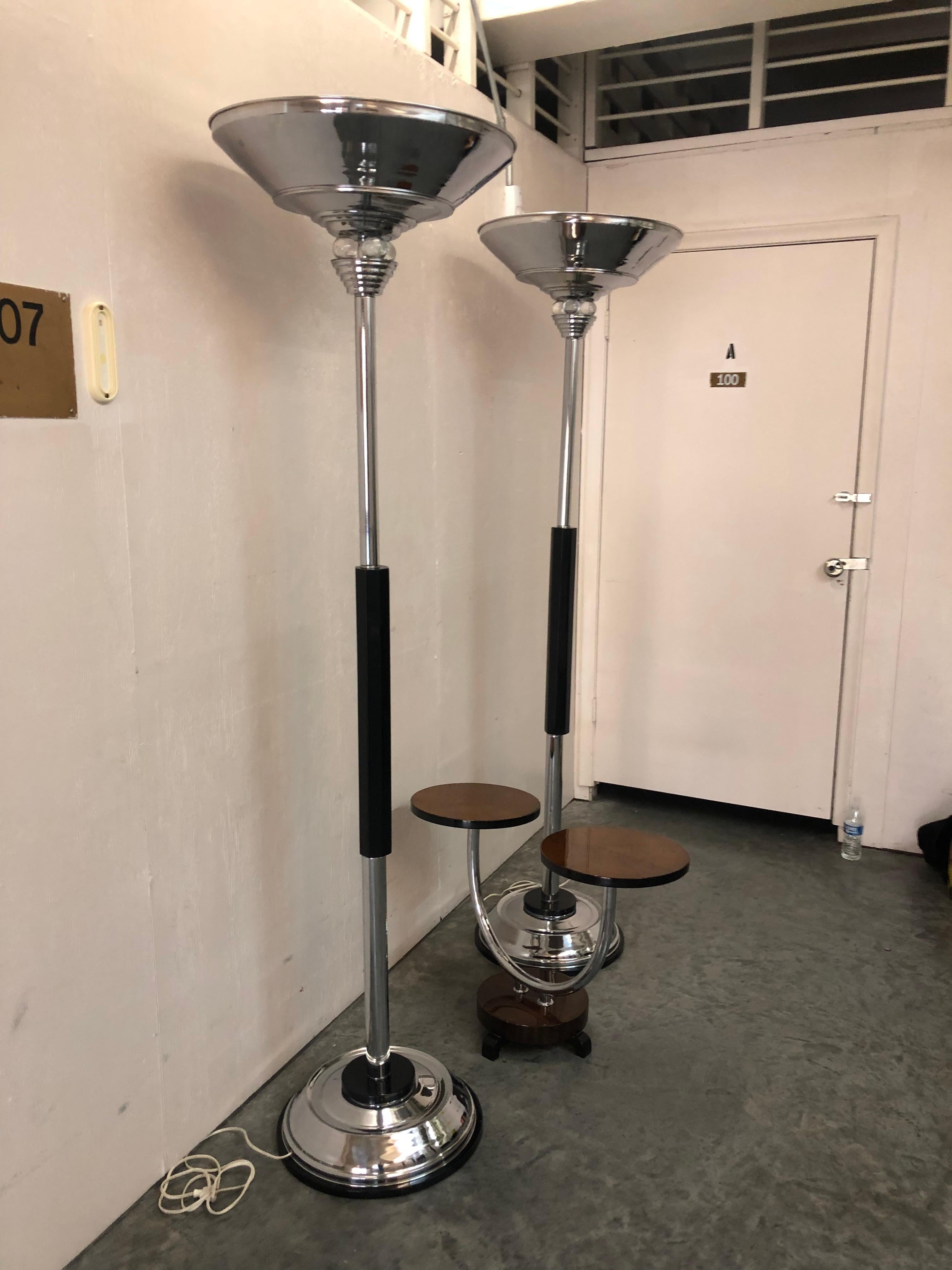 Mid-20th Century 2 Art Deco Floor Lamps, France, Materials: Wood, glass and Chrome, 1940 For Sale