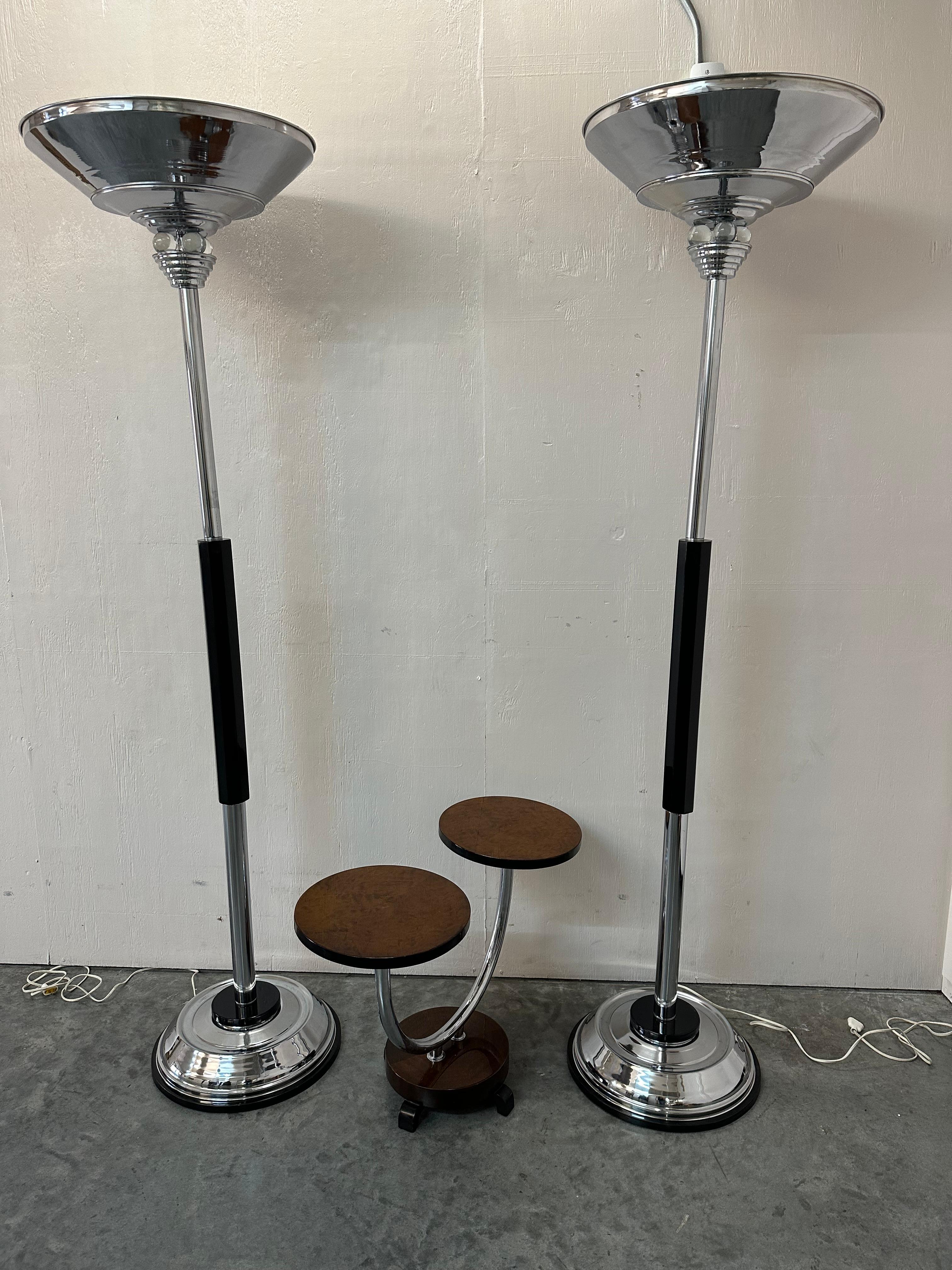 Glass 2 Art Deco Floor Lamps, France, Materials: Wood, glass and Chrome, 1940 For Sale