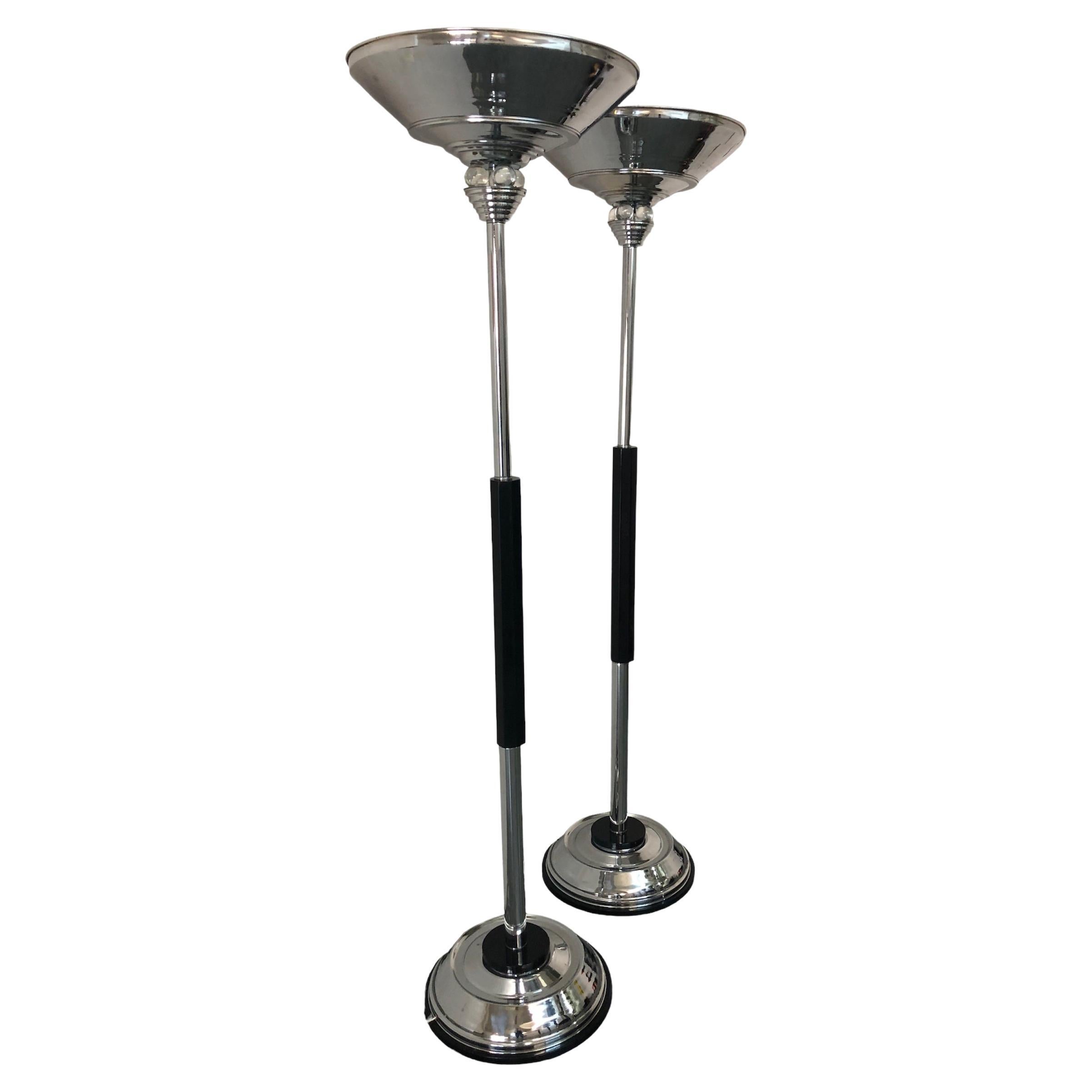 2 Art Deco Floor Lamps, France, Materials: Wood, glass and Chrome, 1940 For Sale