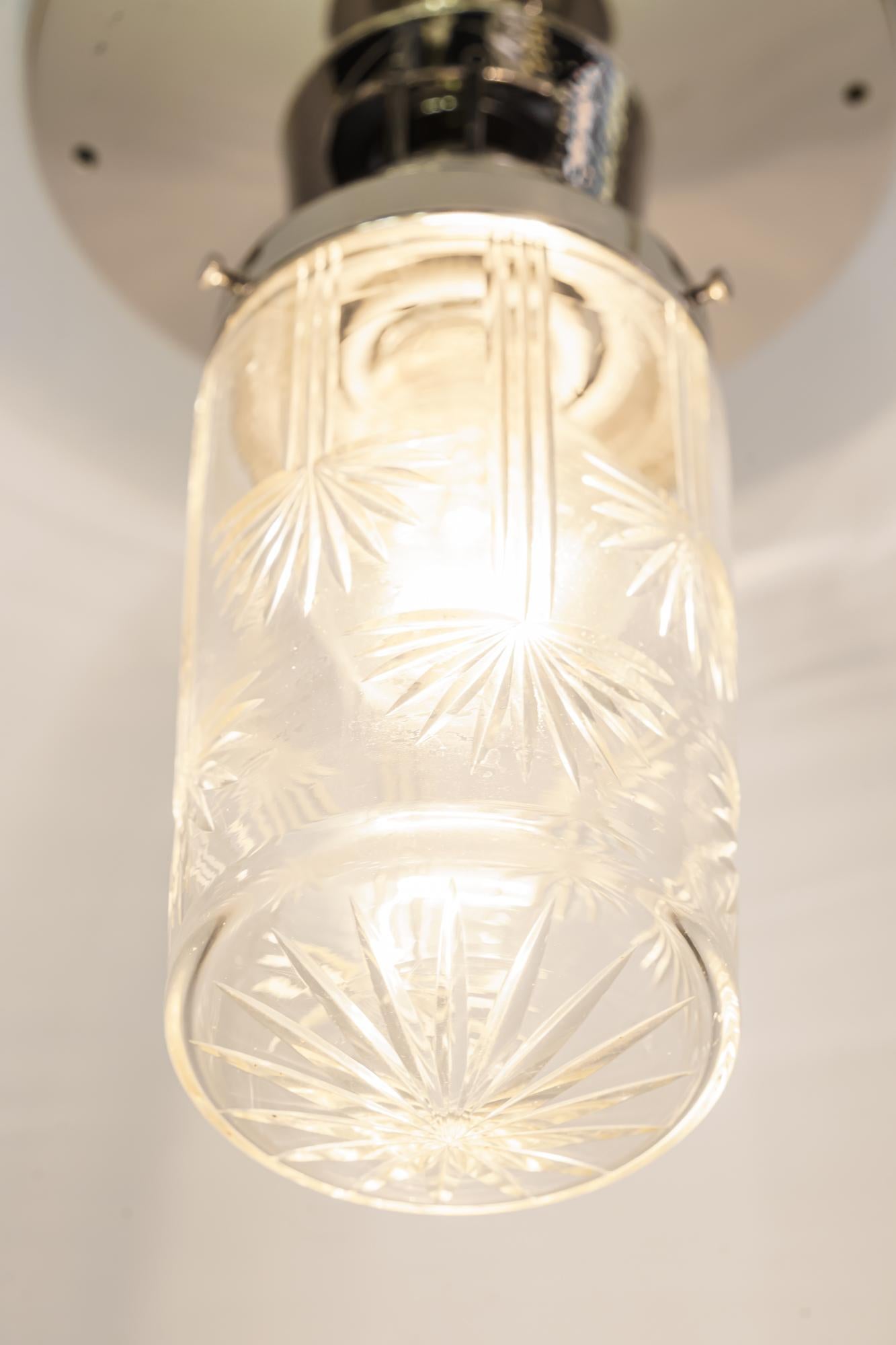 Cut Glass 2 Art Deco Hammered Ceiling Lamps, Vienna, Around 1920s For Sale