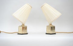 2 Art Deco Hammered Hexagonal Table Lamps with Bakelite Base and Fabric Shades