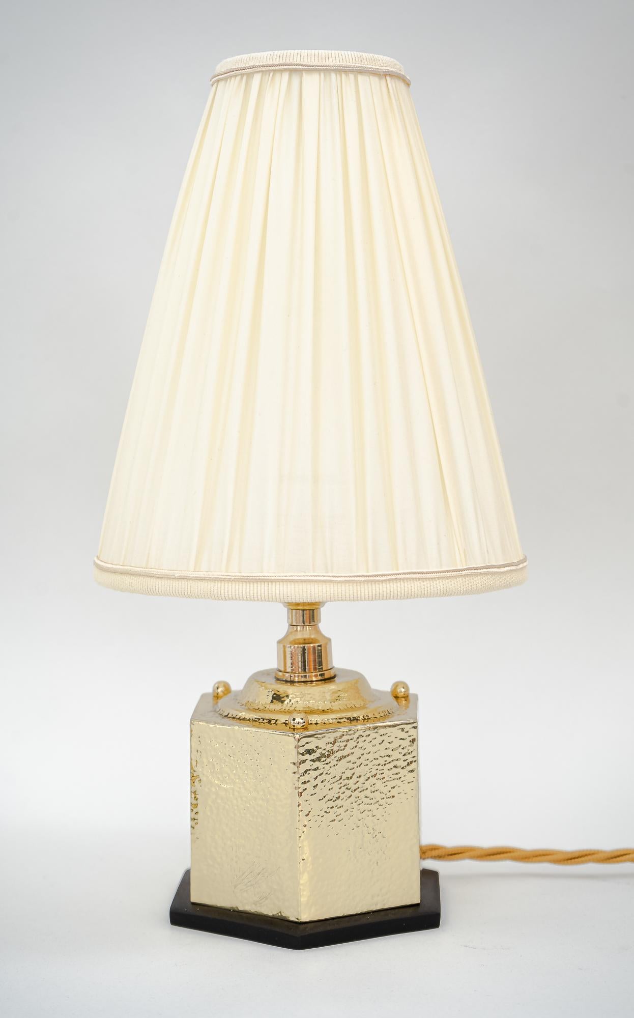 Lacquered 2 Art Deco Hammered Hexagonal Table Lamps with Bakelite Base and Fabric Shades
