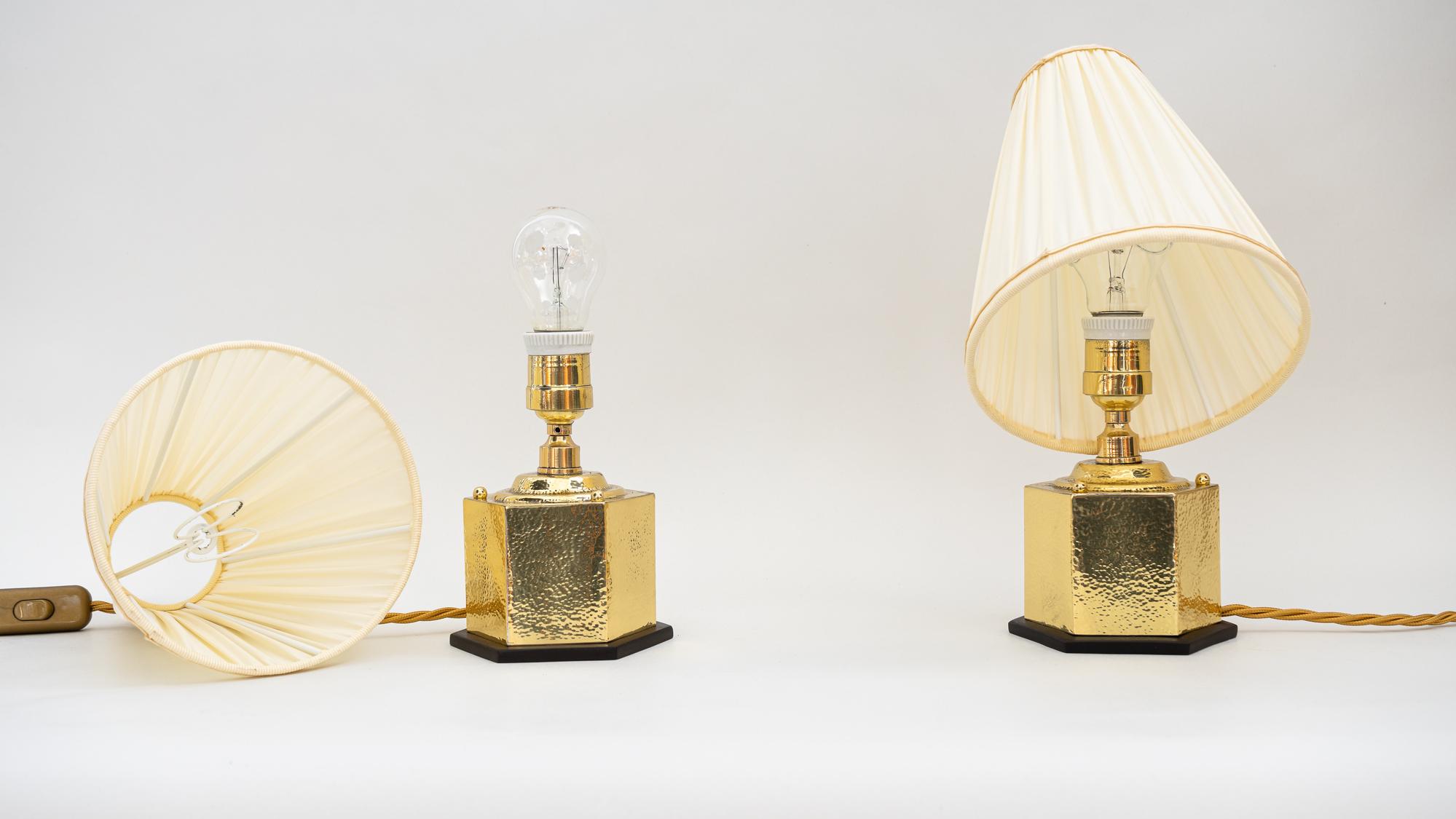 2 Art Deco Hammered Hexagonal Table Lamps with Bakelite Base and Fabric Shades 2