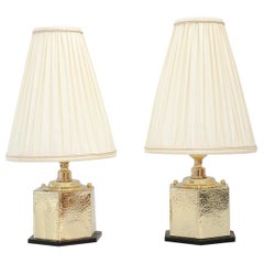 2 Art Deco Hammered Hexagonal Table Lamps with Bakelite Base and Fabric Shades