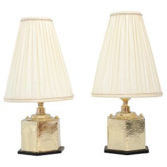 2 Art Deco Hammered Hexagonal Table Lamps with Bakelite Base and Fabric Shades 