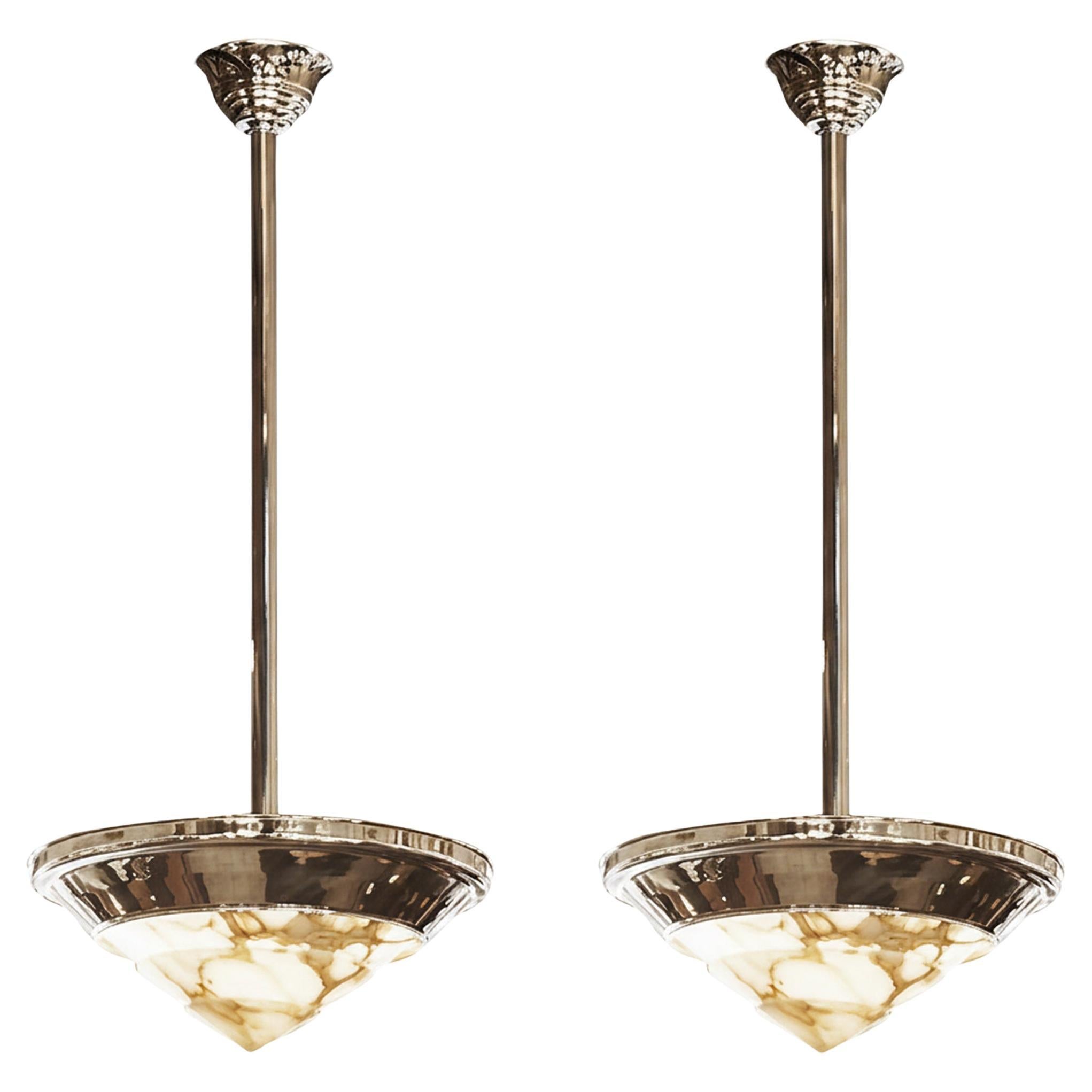 2 lampade a sospensione Art Deco in alabastro e cromo, 1930, Germania