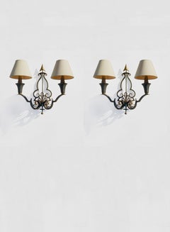 2 ART-DECO NEOCLASSICAL Wrought Iron WALL LAMPS by RAYMOND SUBES, France 1930