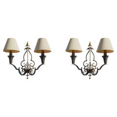 2 ART-DECO NEOCLASSICAL Wrought Iron WALL LAMPS by RAYMOND SUBES, France 1930