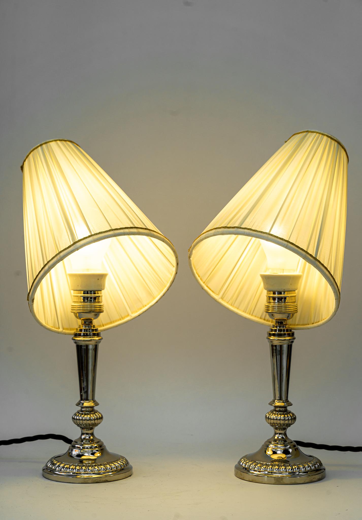 2 Art Deco Nickel, Plated Table Lamps with Fabric Shades, Vienna, Around 1920s For Sale 3
