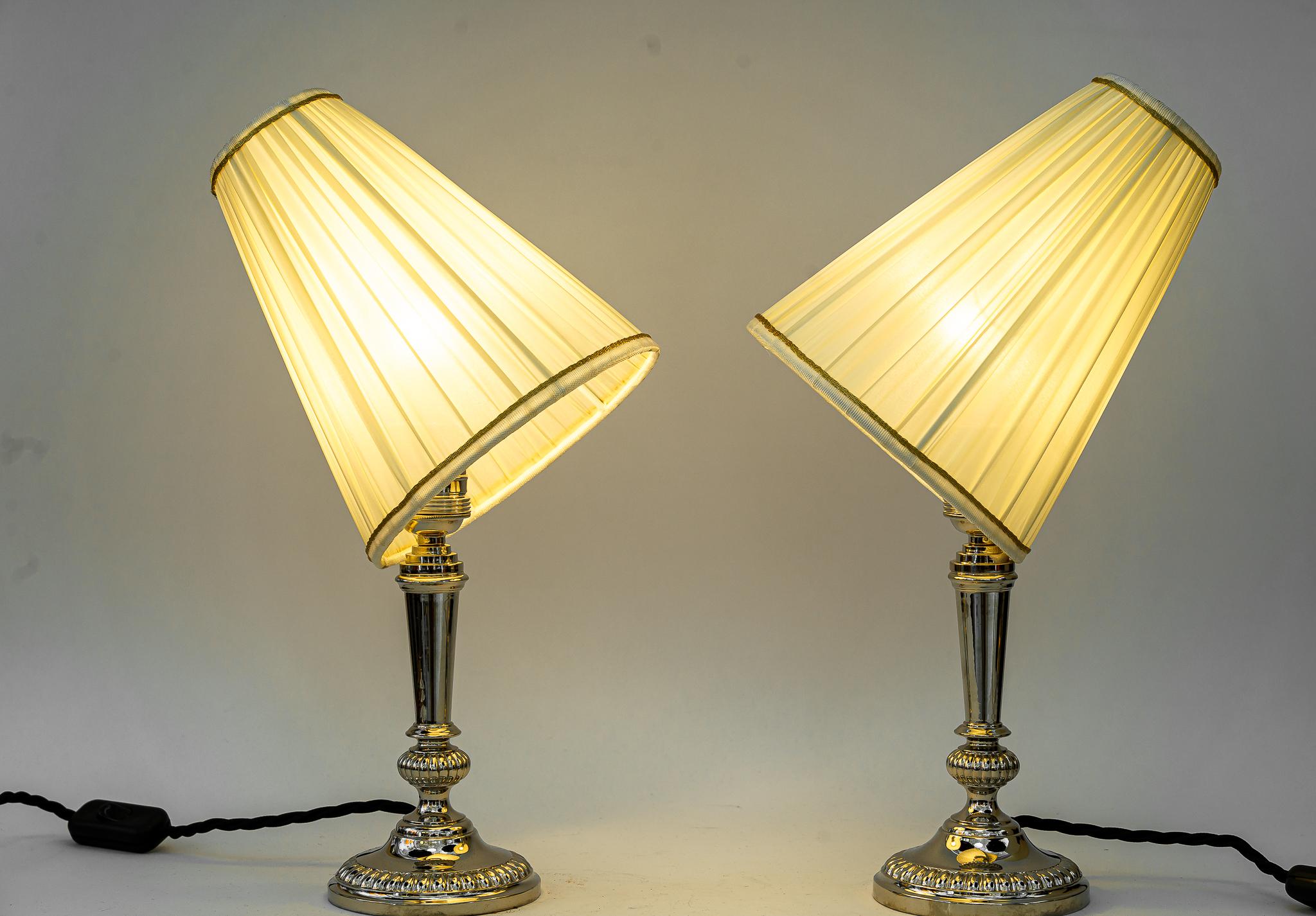 2 Art Deco Nickel, Plated Table Lamps with Fabric Shades, Vienna, Around 1920s For Sale 4