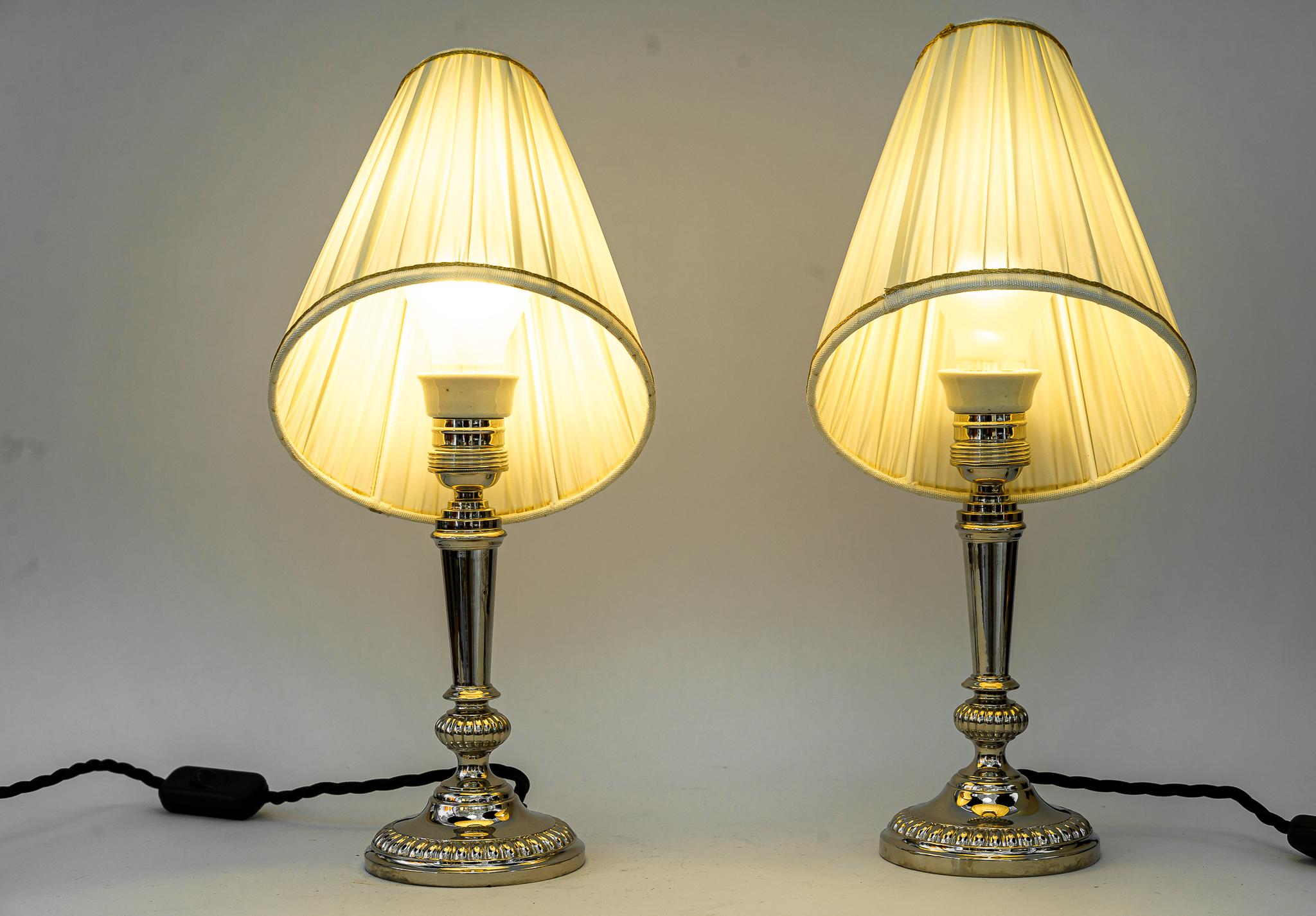 2 Art Deco Nickel, Plated Table Lamps with Fabric Shades, Vienna, Around 1920s For Sale 5
