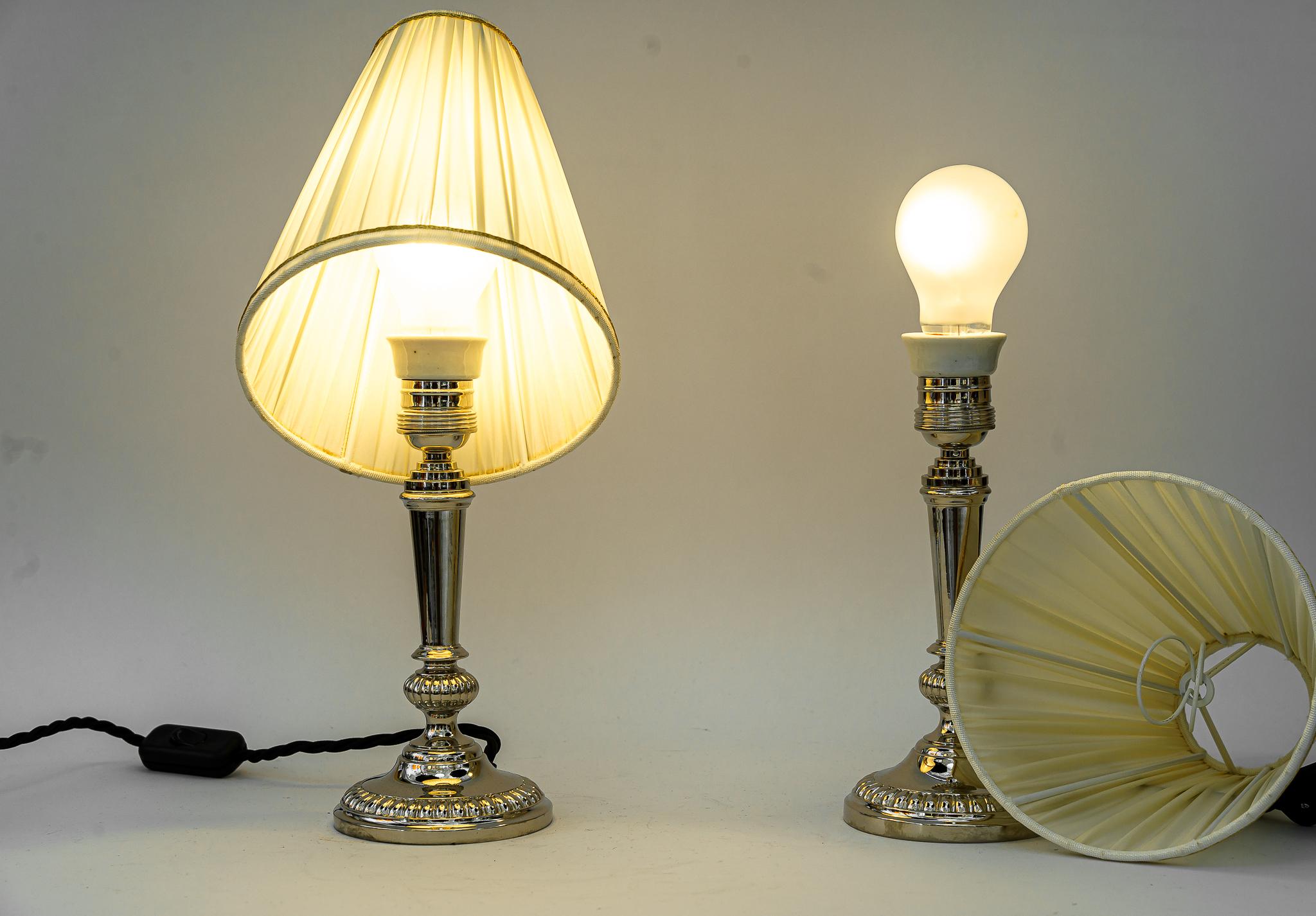 2 Art Deco Nickel, Plated Table Lamps with Fabric Shades, Vienna, Around 1920s For Sale 6