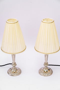 2 Art Deco Nickel, Plated Table Lamps with Fabric Shades, Vienna, Around 1920s