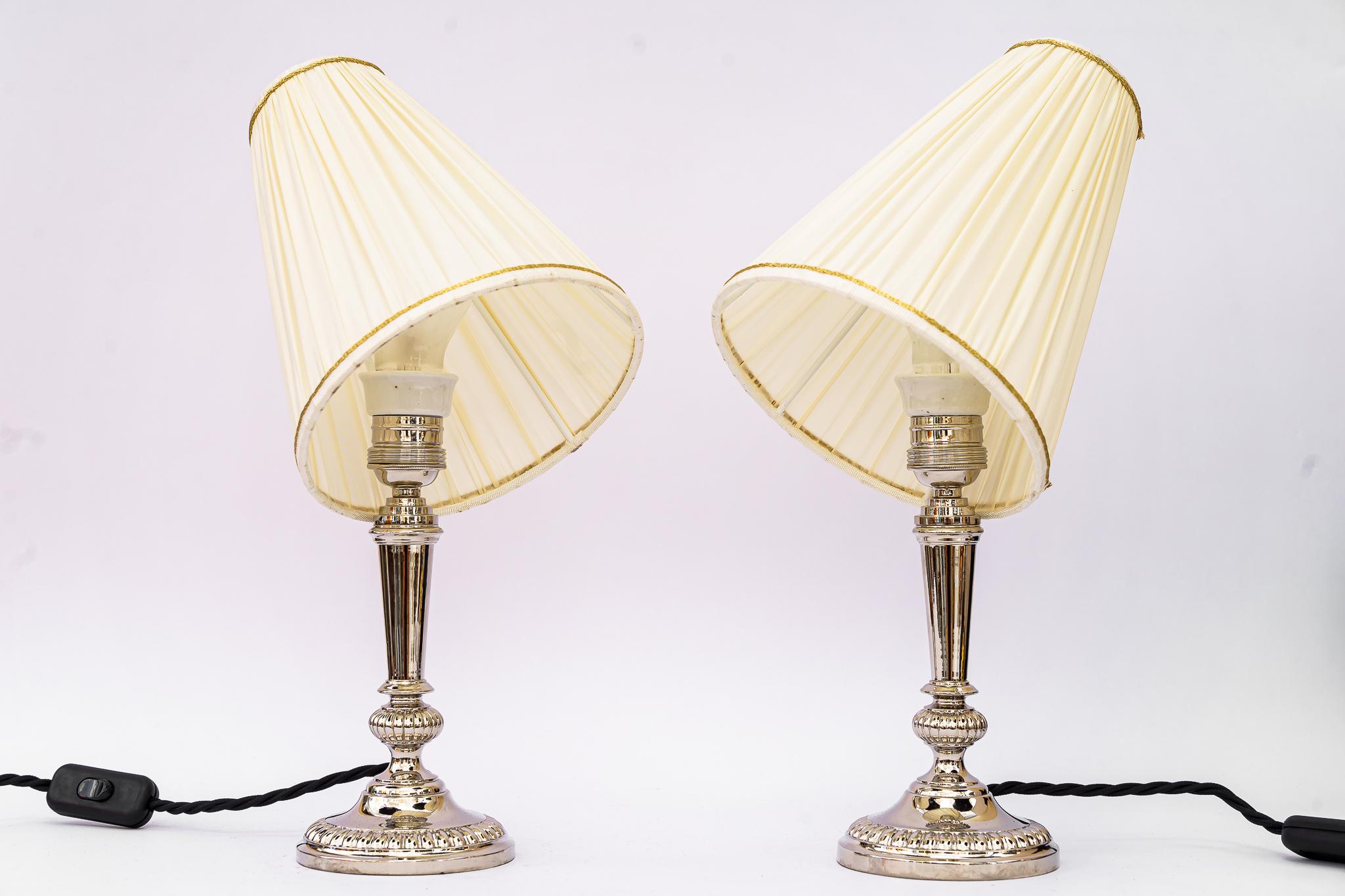 Austrian 2 Art Deco Nickel, Plated Table Lamps with Fabric Shades, Vienna, Around 1920s For Sale