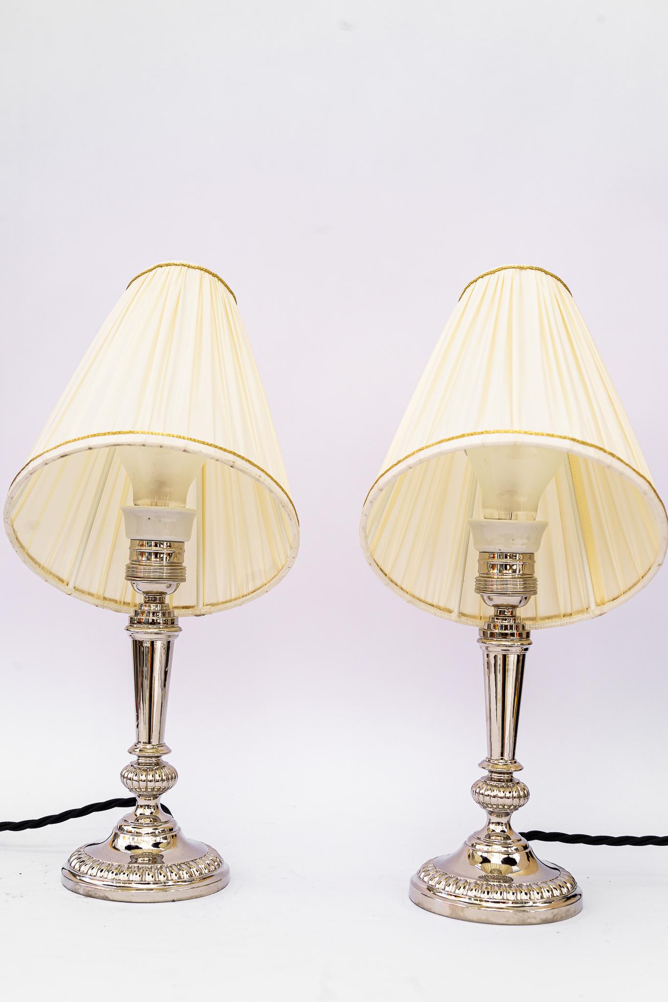 2 Art Deco Nickel, Plated Table Lamps with Fabric Shades, Vienna, Around 1920s In Good Condition For Sale In Wien, AT