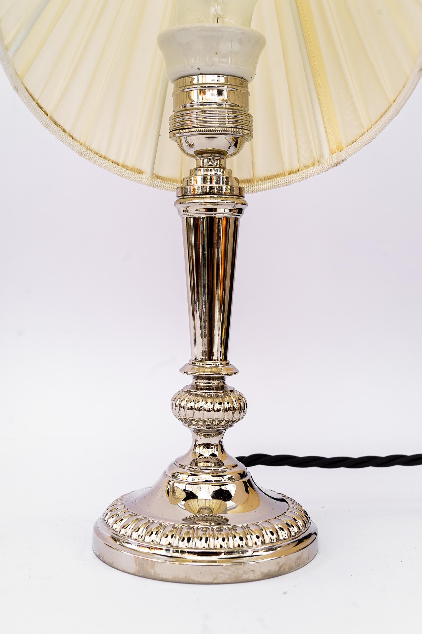 Early 20th Century 2 Art Deco Nickel, Plated Table Lamps with Fabric Shades, Vienna, Around 1920s For Sale