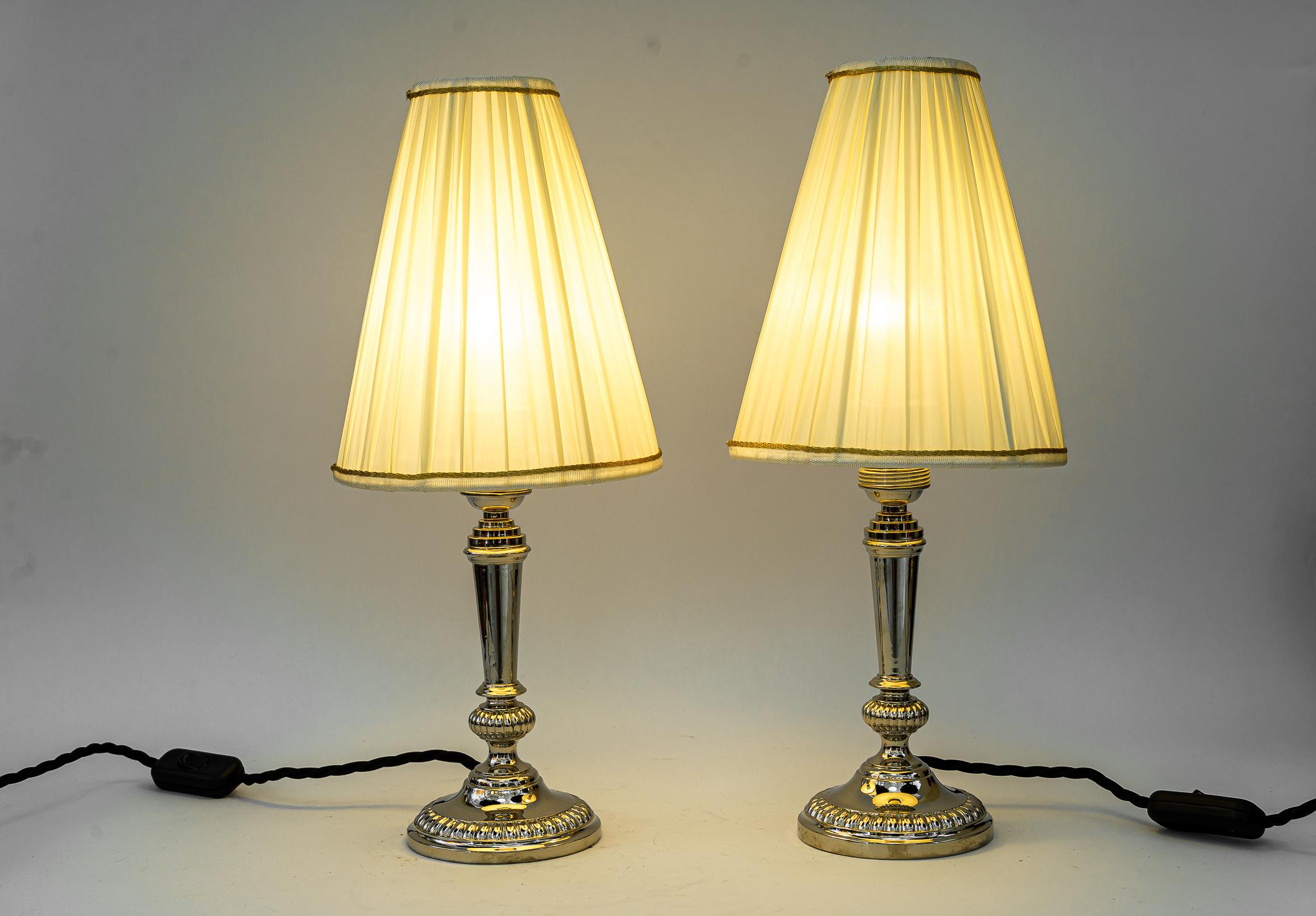 2 Art Deco Nickel, Plated Table Lamps with Fabric Shades, Vienna, Around 1920s For Sale 2