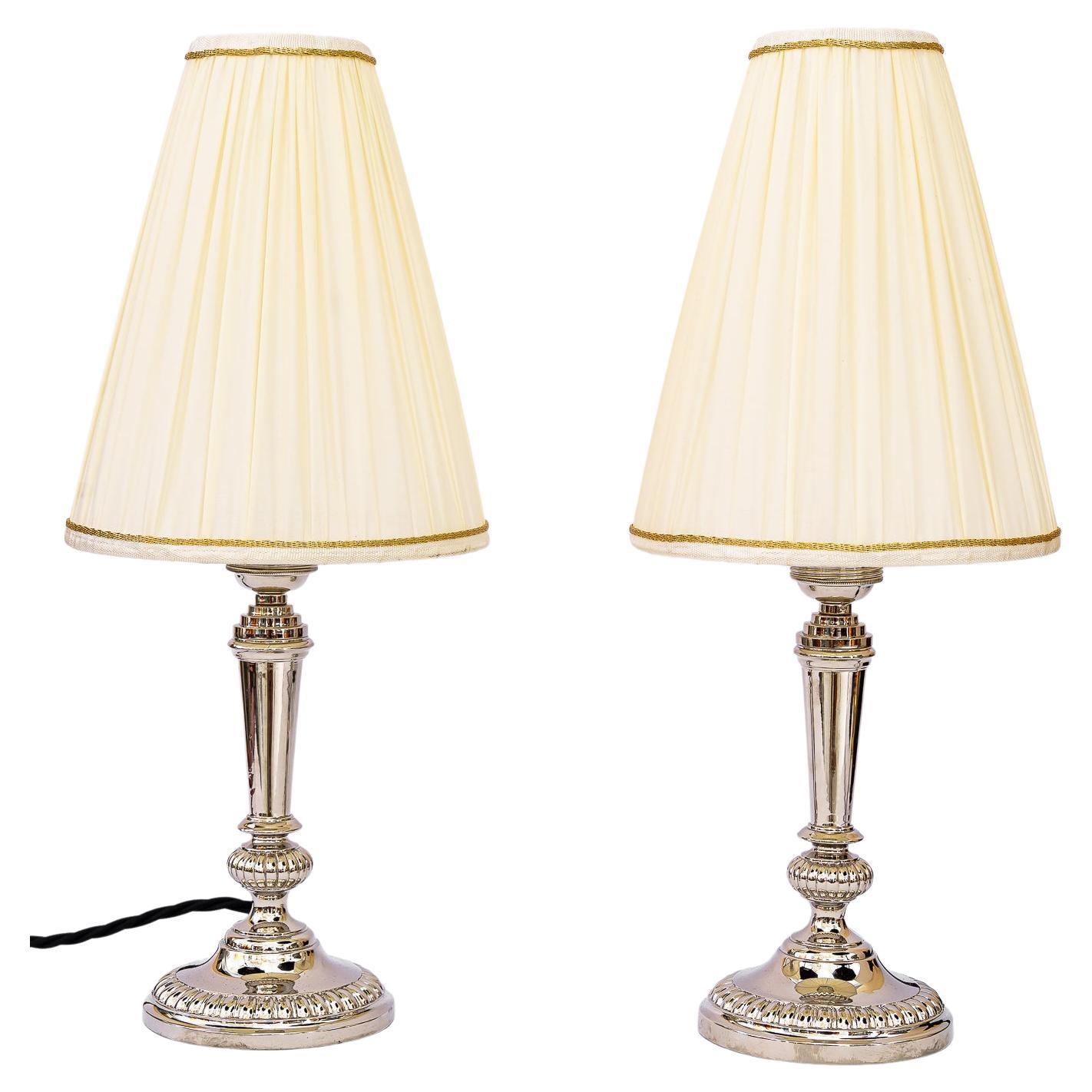 2 Art Deco Nickel, Plated Table Lamps with Fabric Shades, Vienna, Around 1920s For Sale